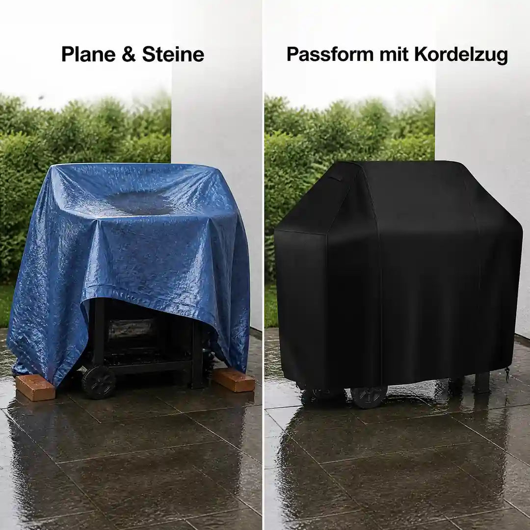 Vergleich: lose Plane mit Steinen beschwert gegenüber formgeschnittener Grillabdeckung mit Kordelzug