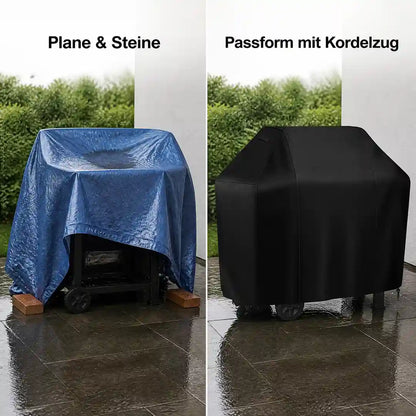 Vergleich: lose Plane mit Steinen beschwert gegenüber formgeschnittener Grillabdeckung mit Kordelzug