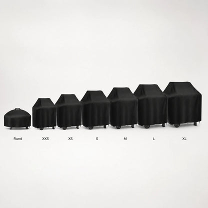 Größenübersicht der Grillabdeckung: rund, XXS, XS, S, M, L und XL