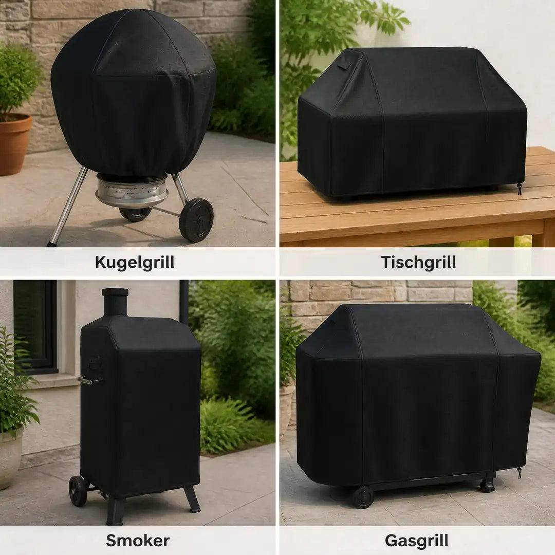 Vier Grilltypen mit passender Abdeckung: Kugelgrill, Tischgrill, Smoker und Gasgrill