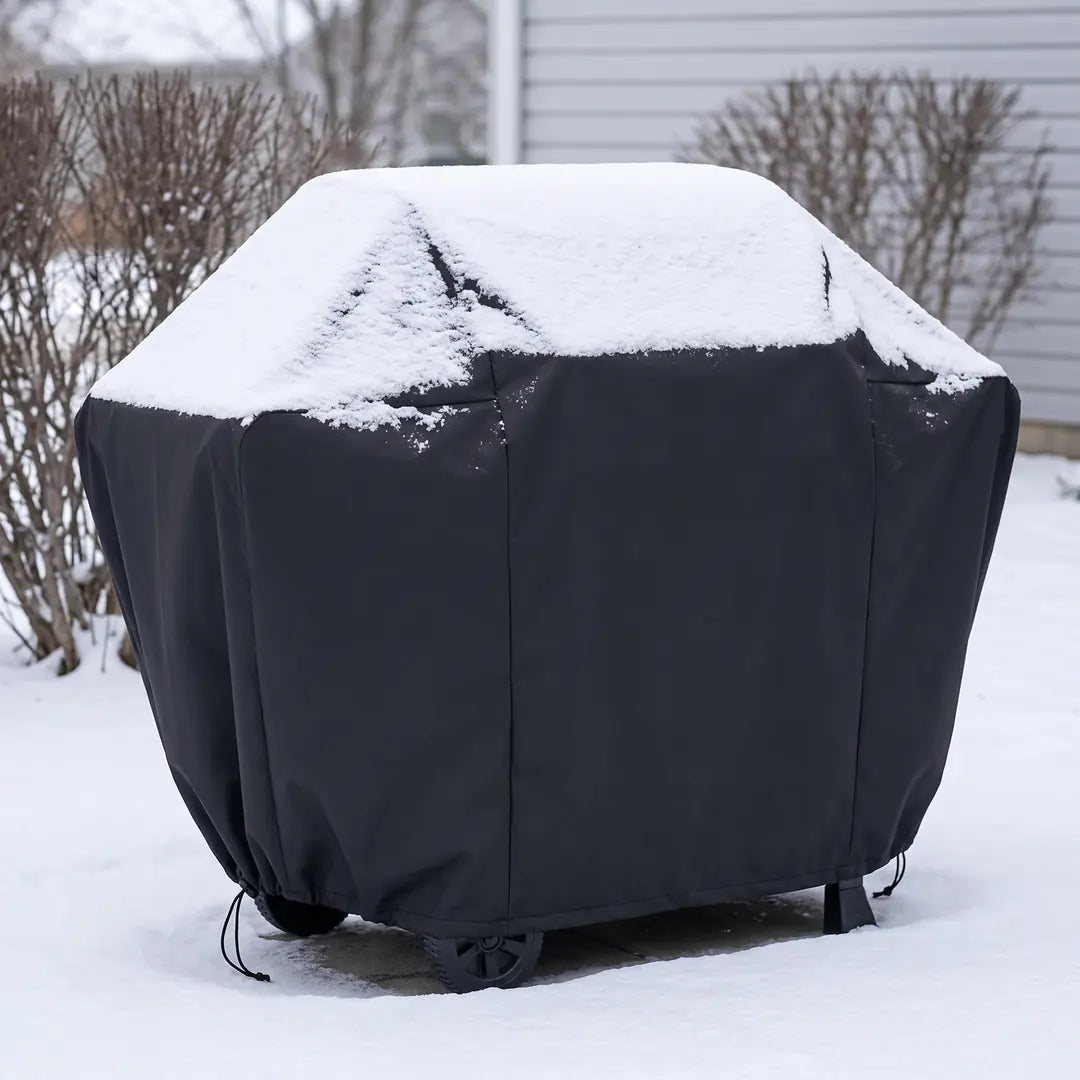 Grillabdeckung im Winter mit einer dünnen Schneeschicht auf der Haube