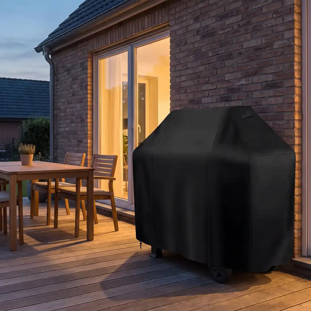 Abgedeckter Grill am Abend auf einer aufgeräumten Terrasse