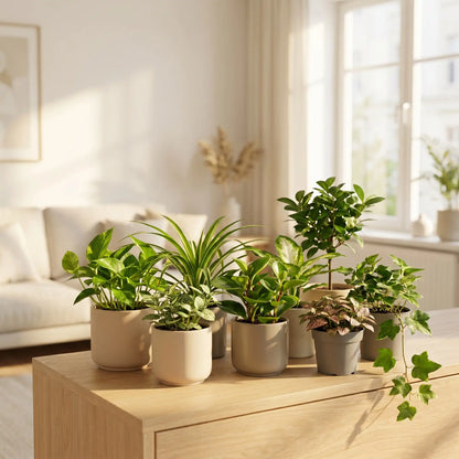 Grünpflanzen-Set mit 24 kleinen grünen Zimmerpflanzen im hellen Wohnzimmer