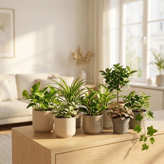 Grünpflanzen-Set mit 24 kleinen grünen Zimmerpflanzen im hellen Wohnzimmer