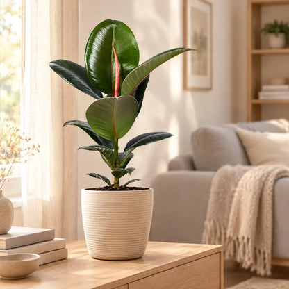 Gummibaum (Ficus elastica 'Robusta') im beigen Rillen-Übertopf auf einem Sideboard im hellen Wohnzimmer