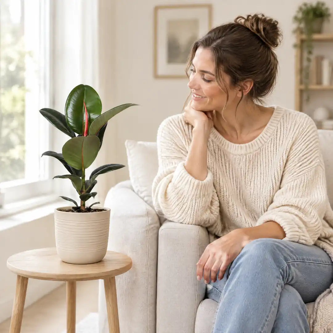Frau auf dem Sofa betrachtet einen Gummibaum (Ficus elastica 'Robusta') im beigen Übertopf