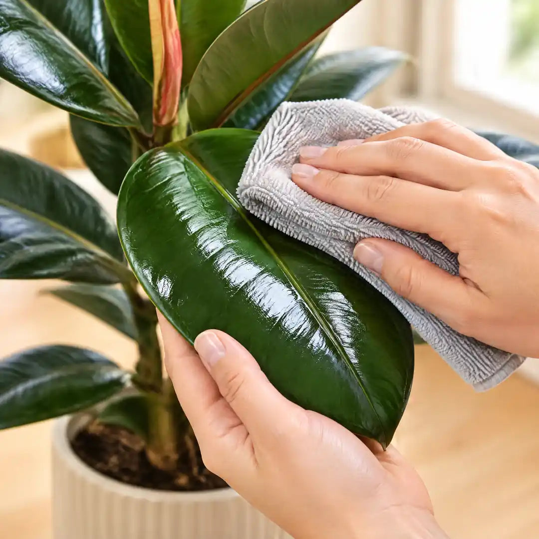 Hand wischt ein großes Blatt des Gummibaums mit einem weichen Tuch ab