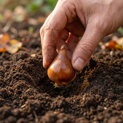 Hand setzt eine Tulpenzwiebel ins Pflanzloch