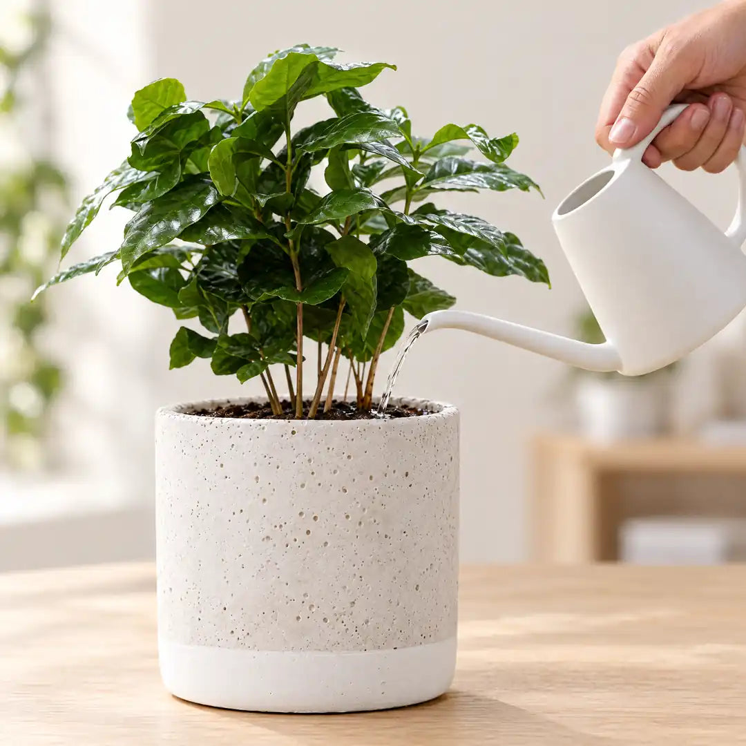Hand gießt die Kaffeepflanze mit einer kleinen weißen Gießkanne