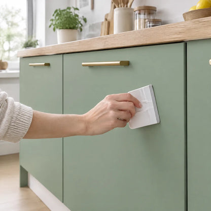 Küchenfronten in Salbeigrün werden mit dem Rakel glattgestrichen