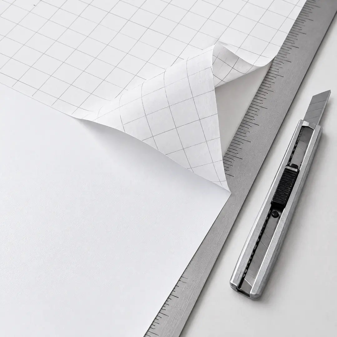 Schutzpapier mit Zentimeter-Raster, daneben Cutter und Lineal