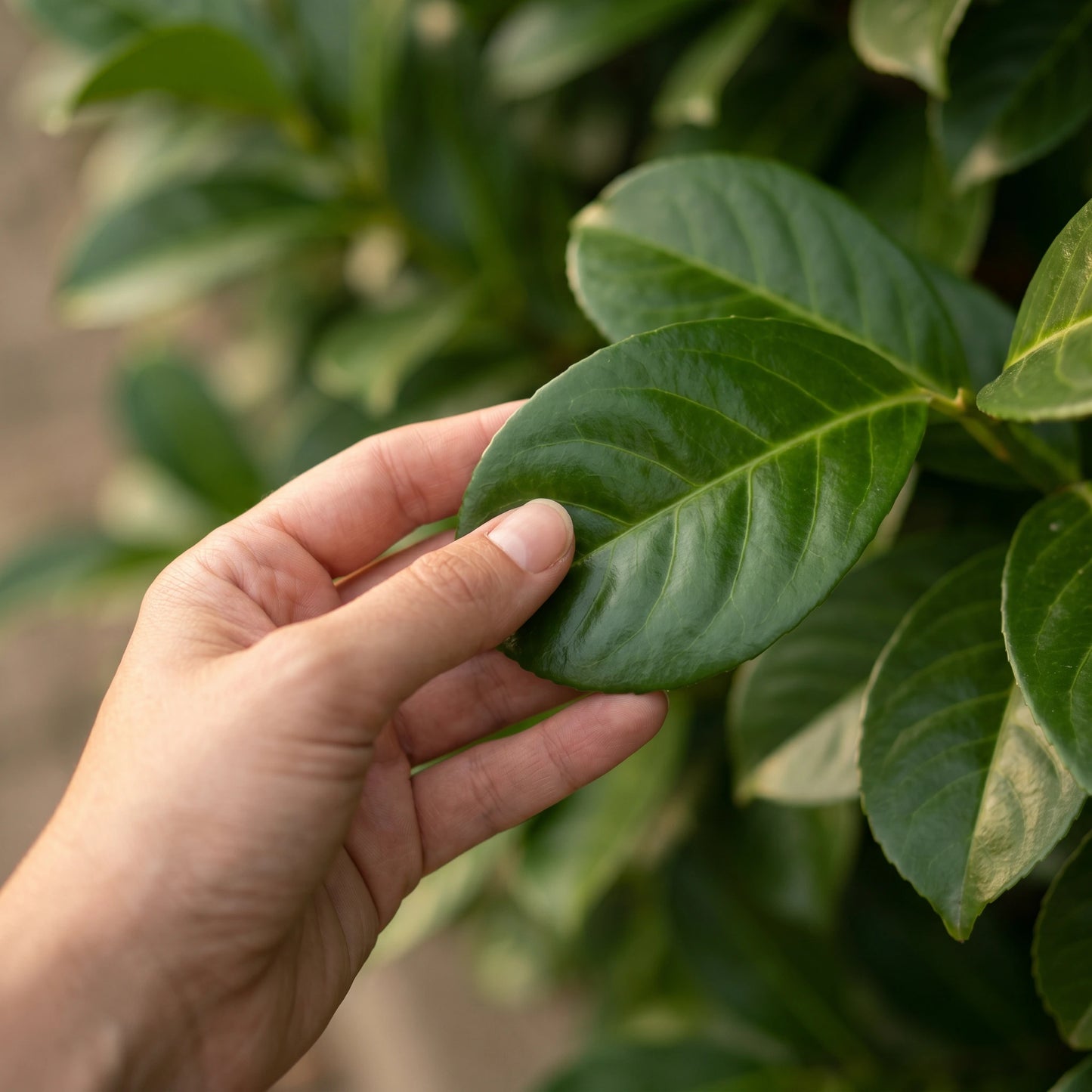 Hand berührt sanft ein breites, glänzendes Blatt der Kirschlorbeer Rotundifolia