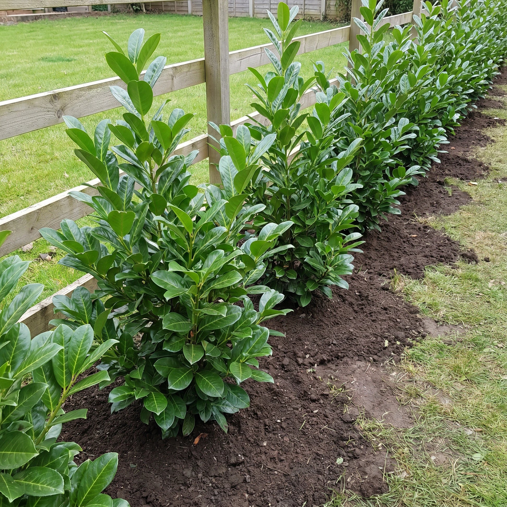 Reihe frisch gepflanzter Kirschlorbeer-Rotundifolia-Pflanzen entlang eines Zauns, die zur durchgehenden Hecke zusammenwächst
