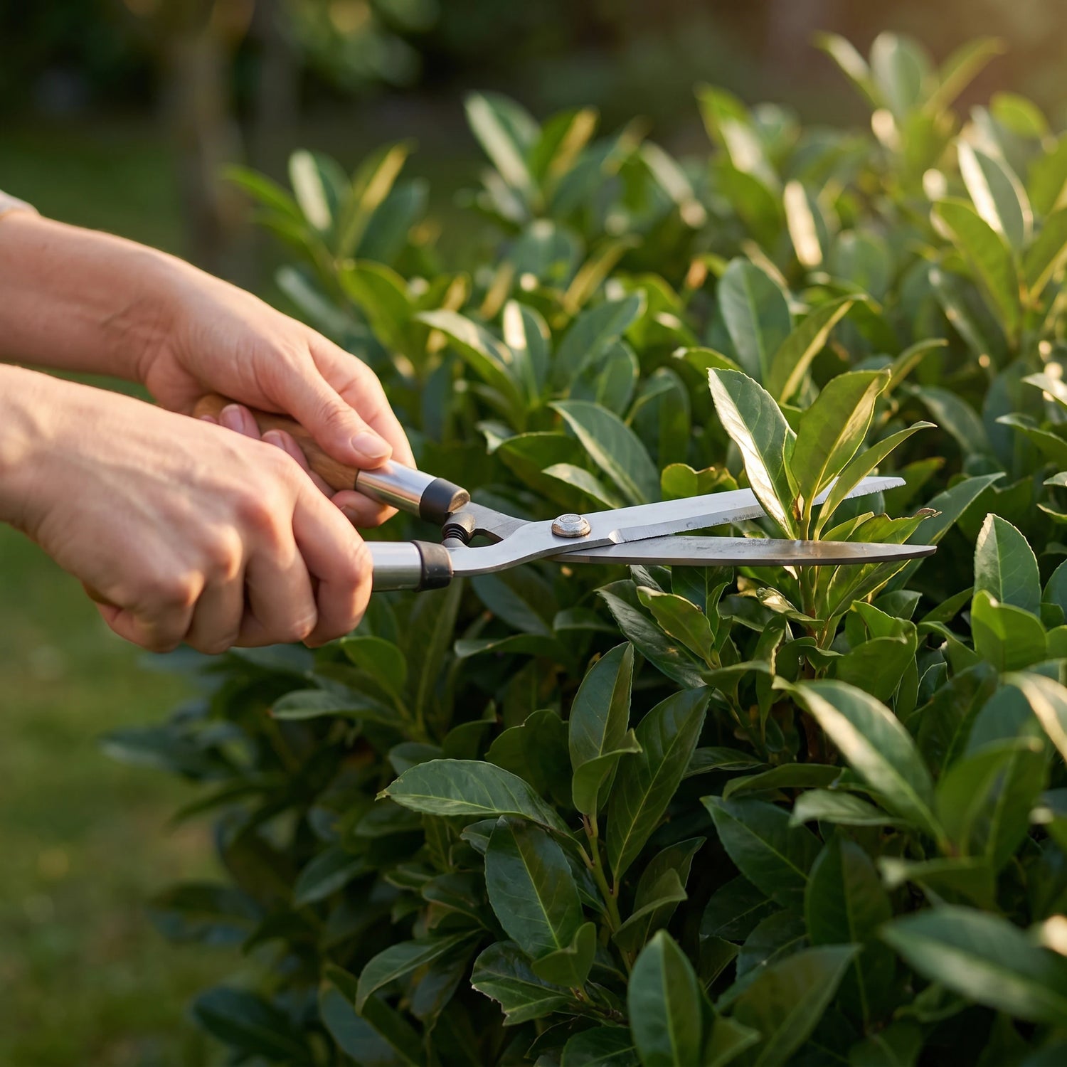 Hände schneiden mit einer Heckenschere die Kirschlorbeer-Rotundifolia-Hecke in Form