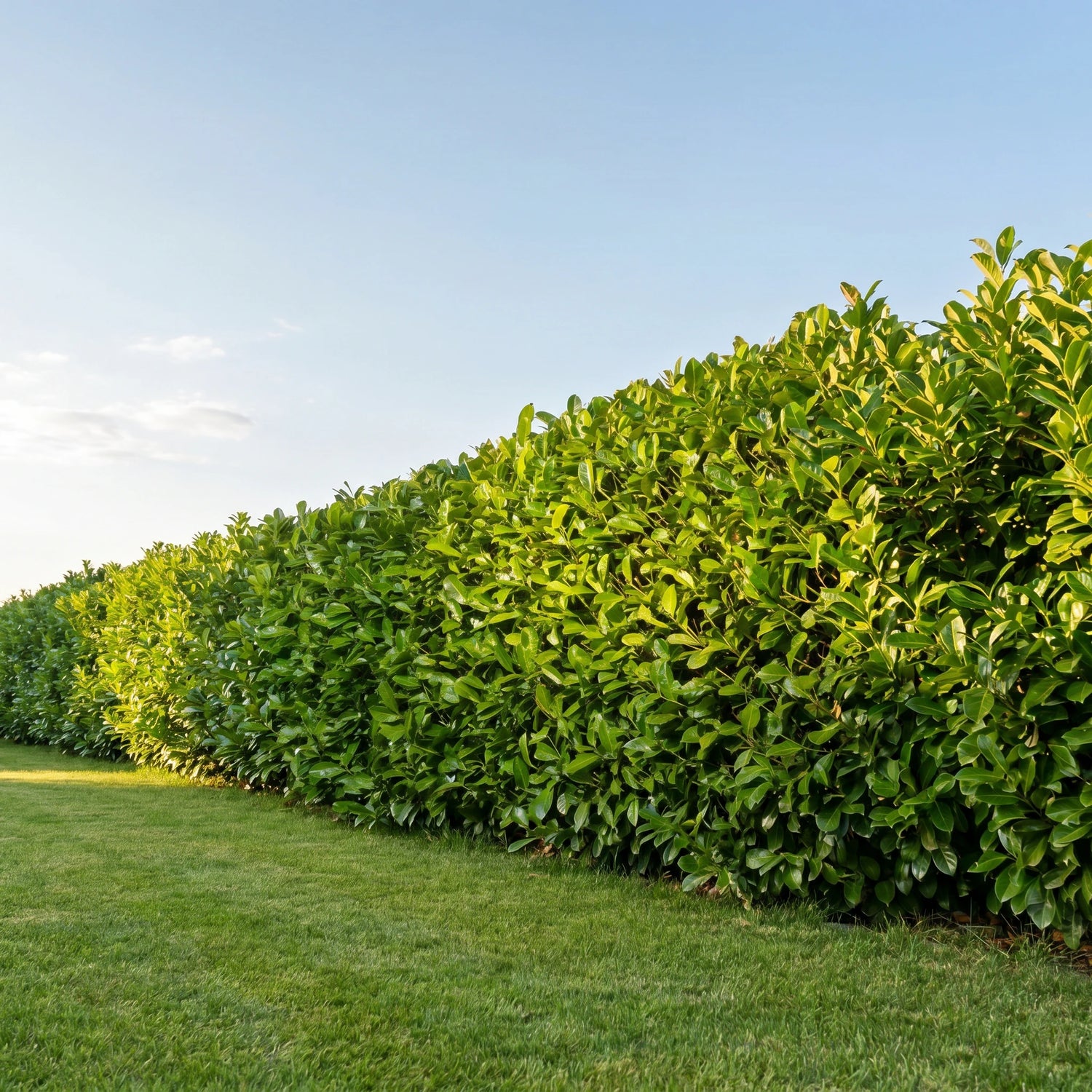 Kirschlorbeer-Rotundifolia-Hecke an sonnig-halbschattigem Standort im Garten