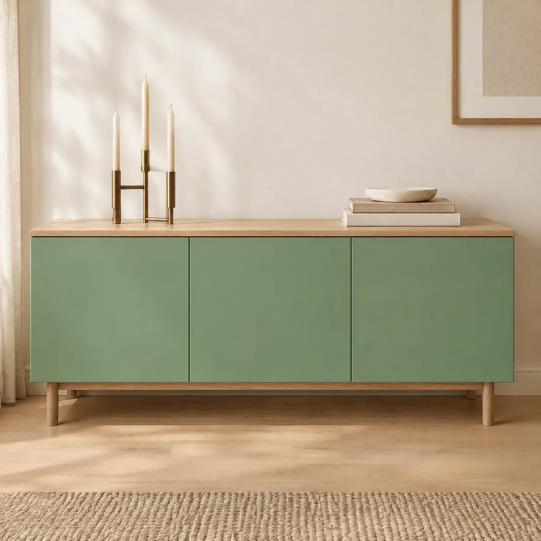 Sideboard mit salbeigrünen Fronten neben Holz und Messing