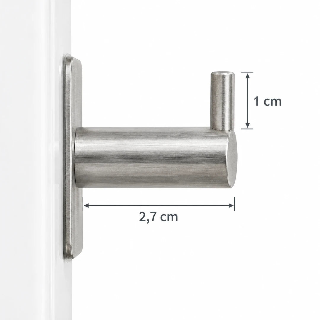 Seitenansicht des Klebehakens mit Maßen: 2,7 cm Hakenlänge, 1 cm Spitze