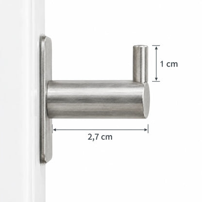 Seitenansicht des Klebehakens mit Maßen: 2,7 cm Hakenlänge, 1 cm Spitze