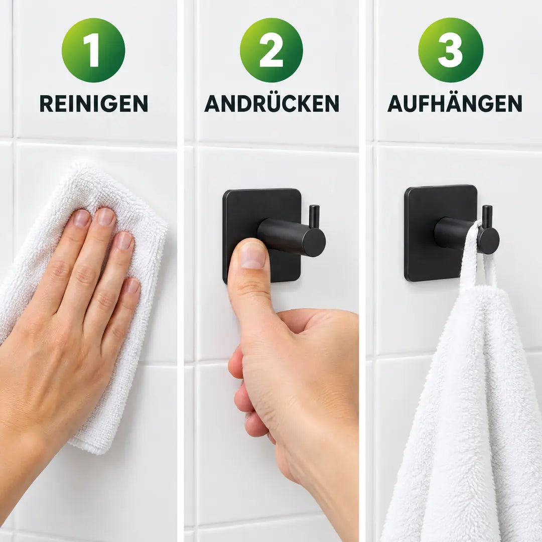 Anwendung in drei Schritten: Reinigen, Andrücken, Aufhängen