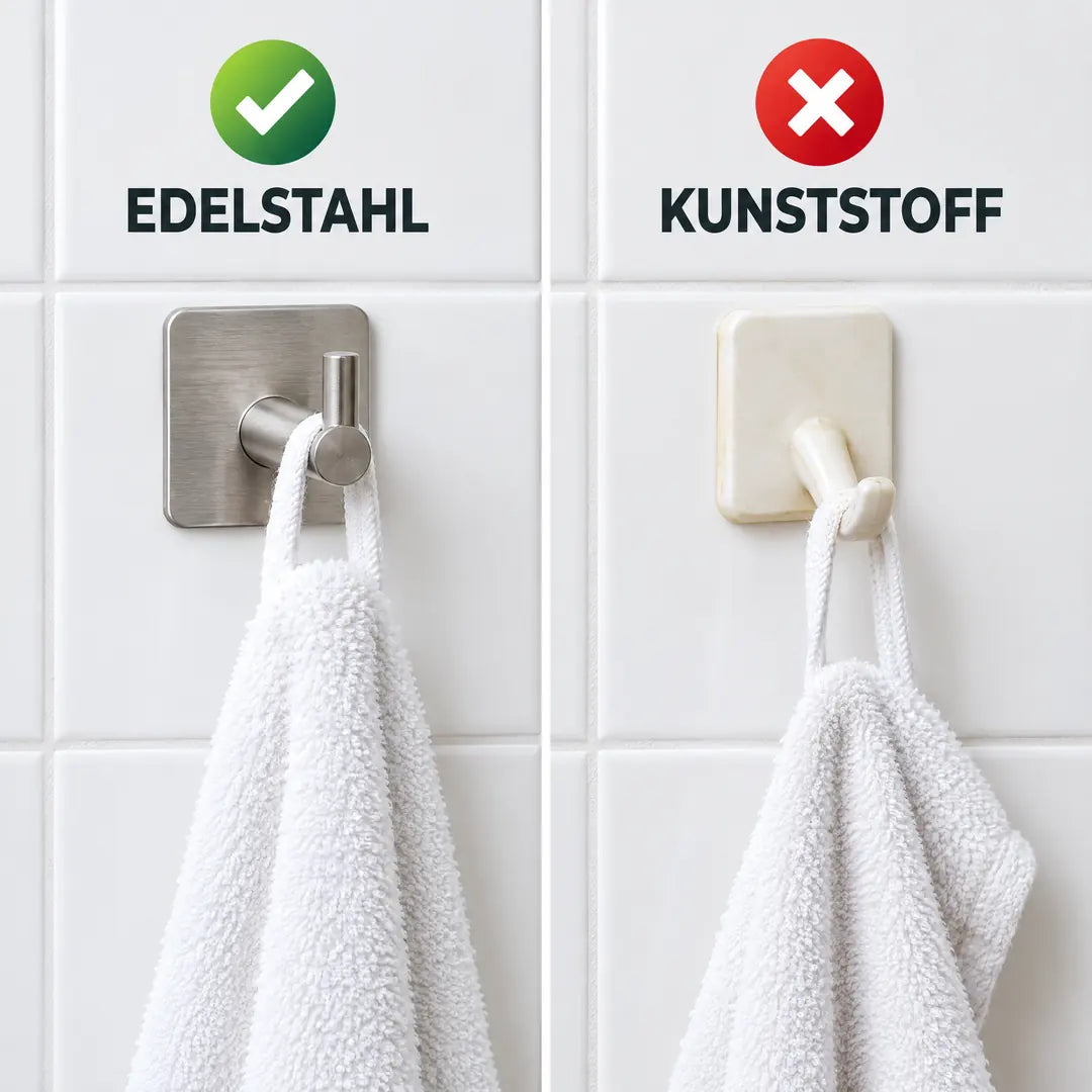 Vergleich Klebehaken aus Edelstahl mit einem Kunststoff-Klebehaken