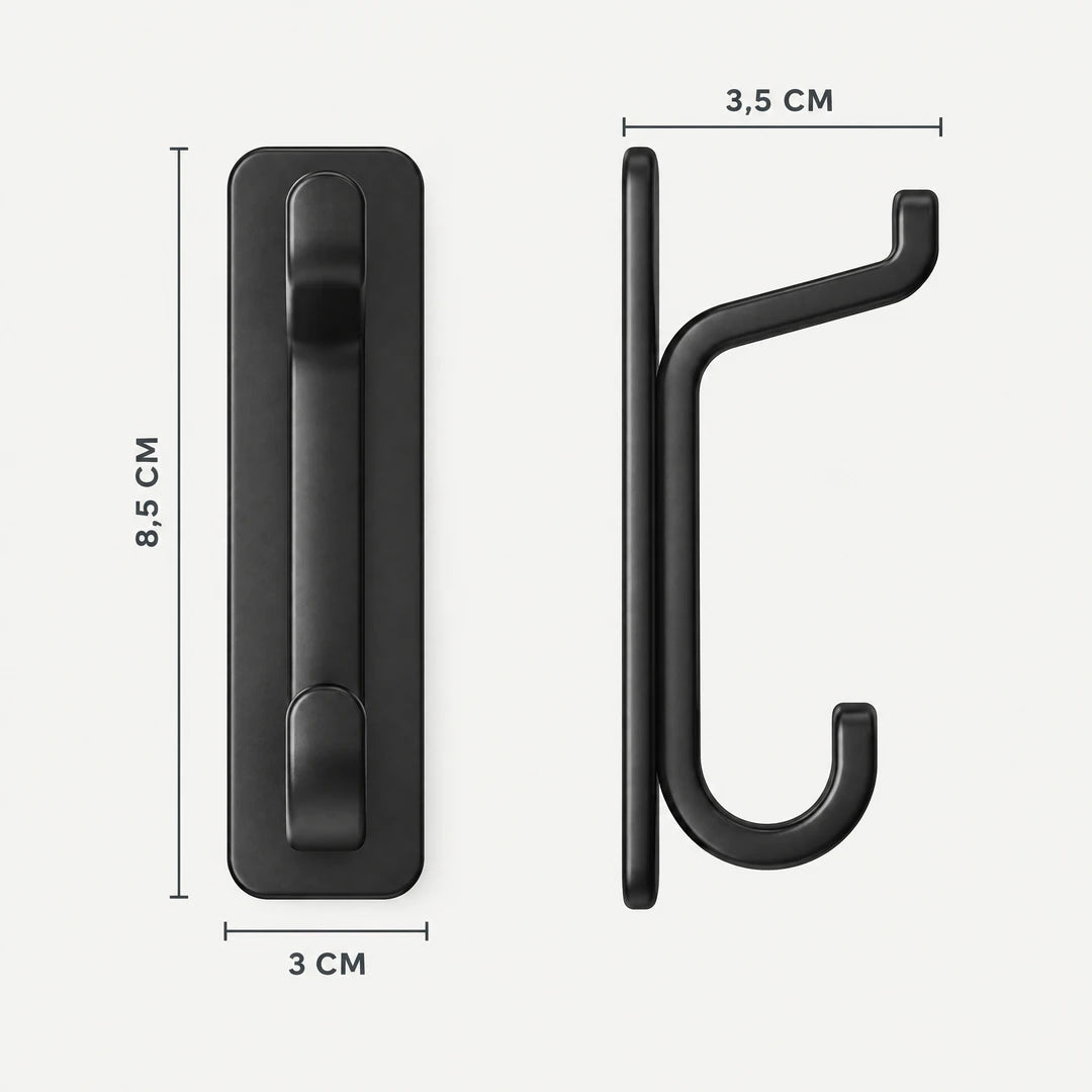 Maße des Klebehakens: 8,5 cm hoch, 3 cm breit, 3,5 cm tief