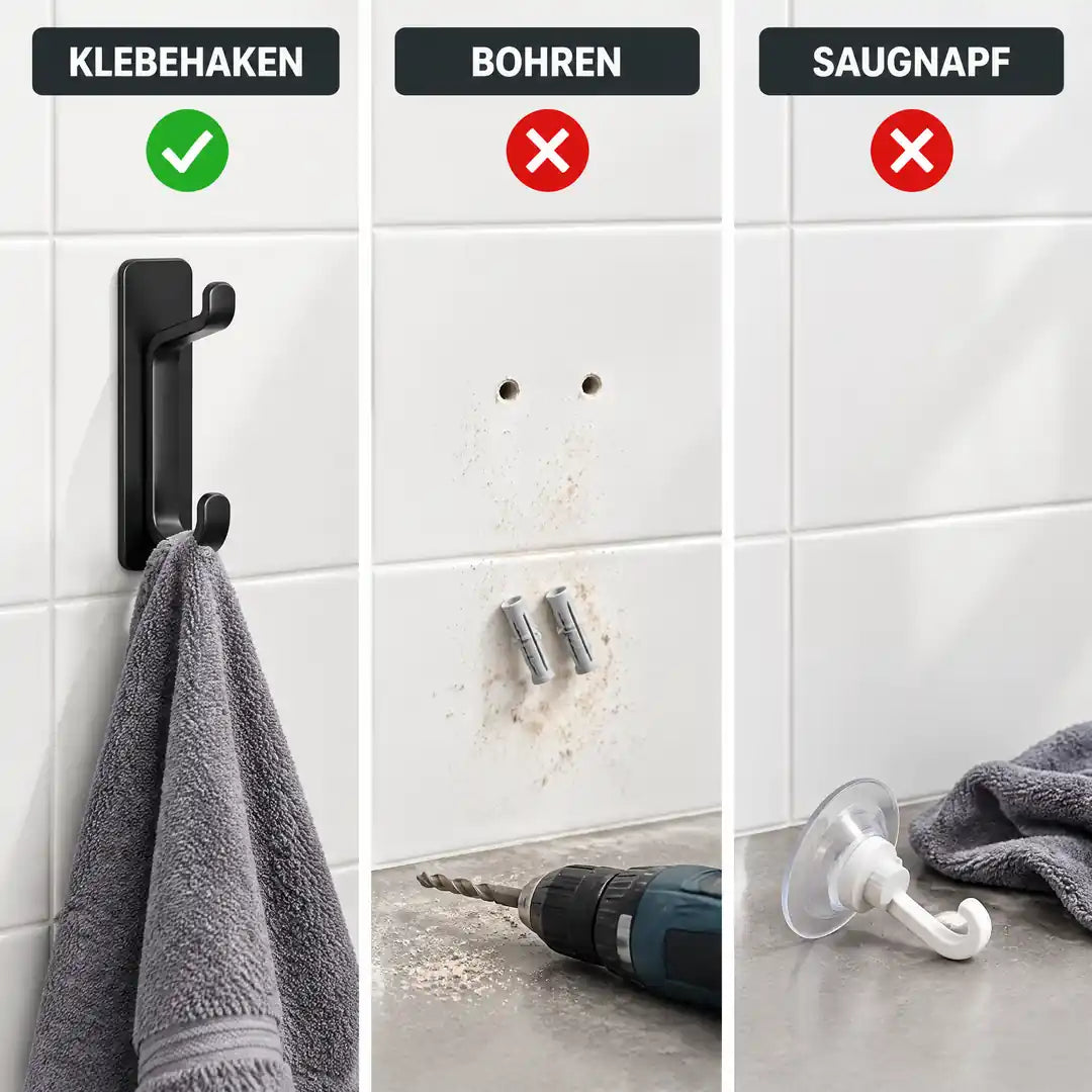 Vergleich: Klebehaken, Bohren und Saugnapfhaken