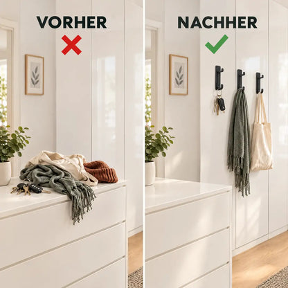 Vorher volle Kommode im Flur, nachher Schlüssel und Tasche an Klebehaken