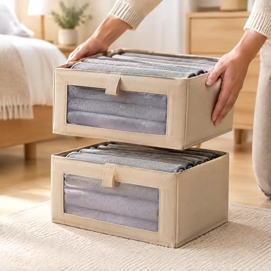 Zwei Hände stapeln eine gefüllte Box auf eine zweite