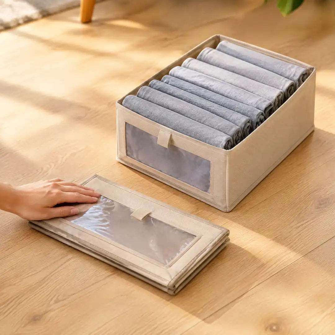 Flach zusammengefaltete Box neben einer aufgestellten Box