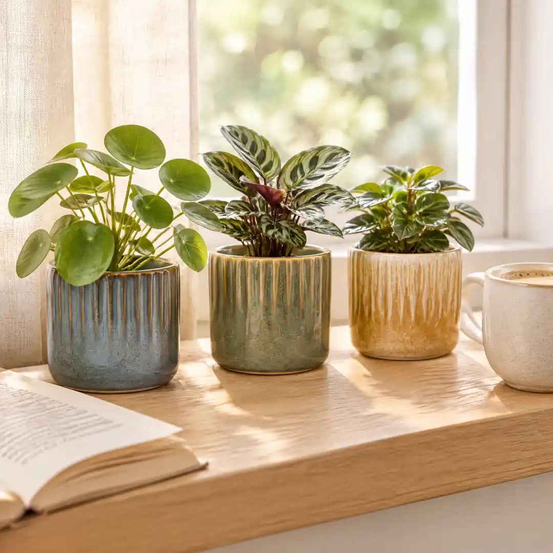 Drei Mini-Übertöpfe mit Pilea, Calathea und Peperomia auf der Fensterbank