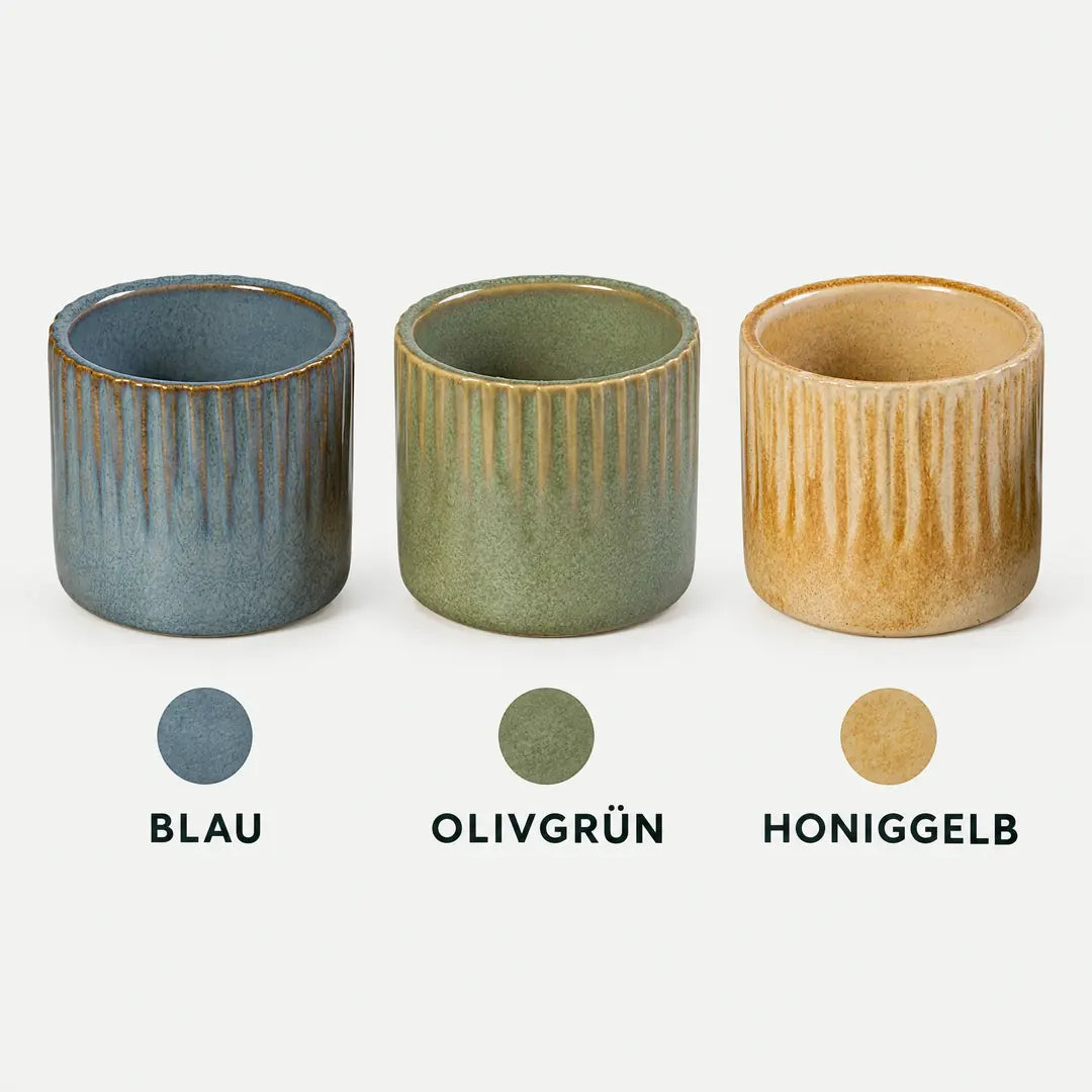 Mini-Übertopf in drei Farben: Blau, Olivgrün, Honiggelb