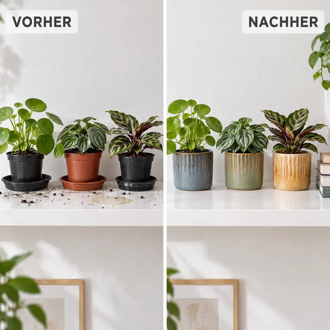 Vorher Babypflanzen in Plastiktöpfen, nachher in drei Keramik-Übertöpfen