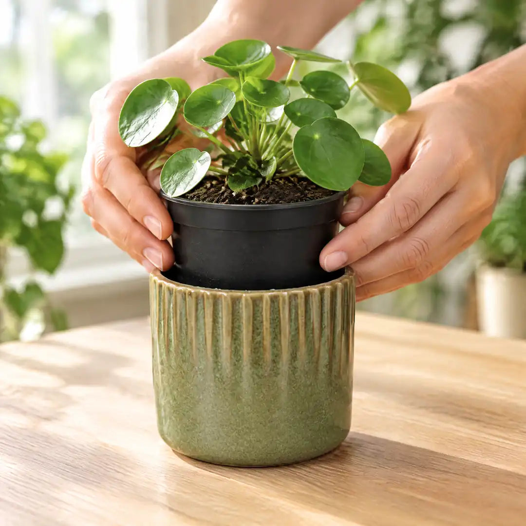 Hände stellen eine Pilea samt Anzuchttopf in den olivgrünen Mini-Übertopf