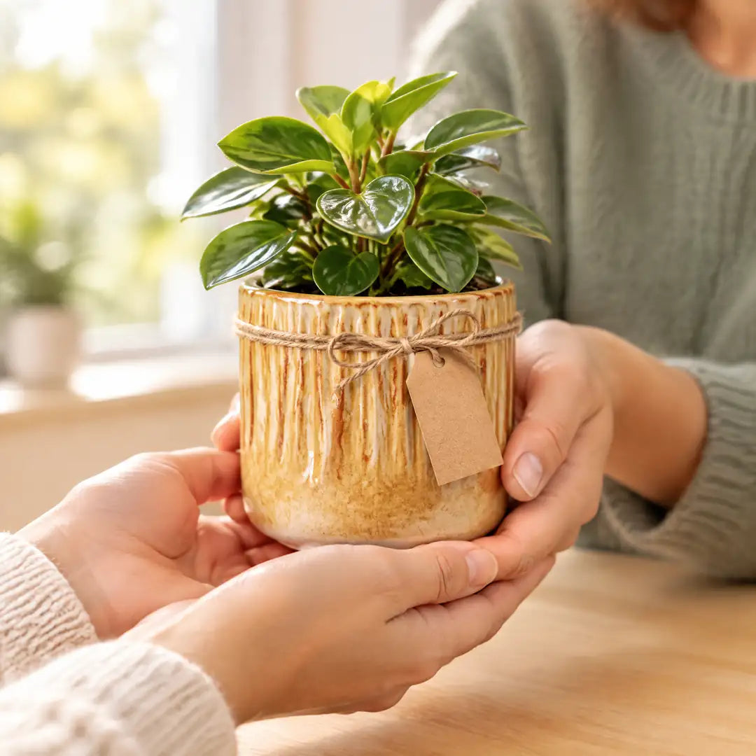Honiggelber Mini-Übertopf mit Peperomia als Geschenk mit Juteschleife