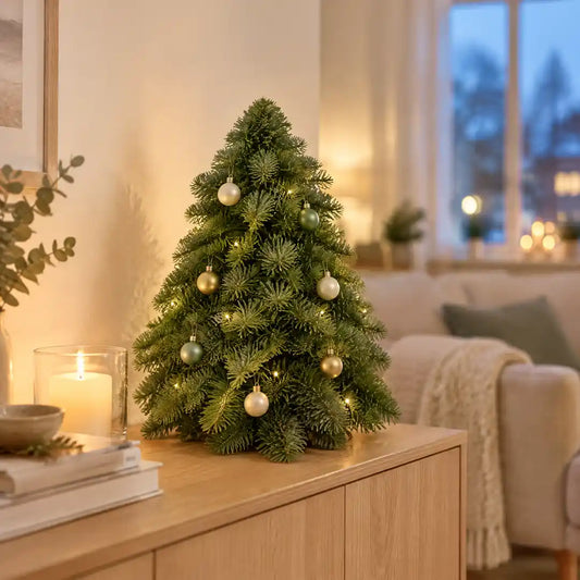 Nobilis-Weihnachtsbaum mit Lichterkette und Kugeln auf einem Sideboard im Wohnzimmer