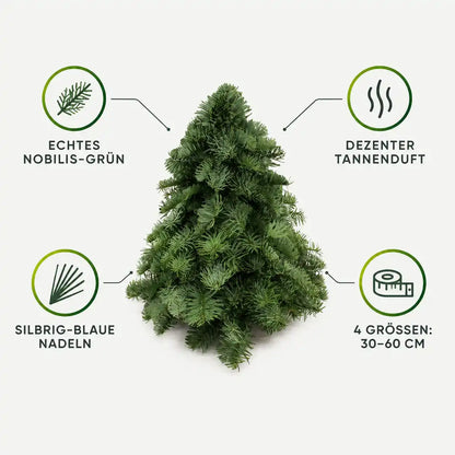 Merkmale des Nobilis-Bäumchens: echtes Nobilis-Grün, dezenter Tannenduft, silbrig-blaue Nadeln, 4 Größen