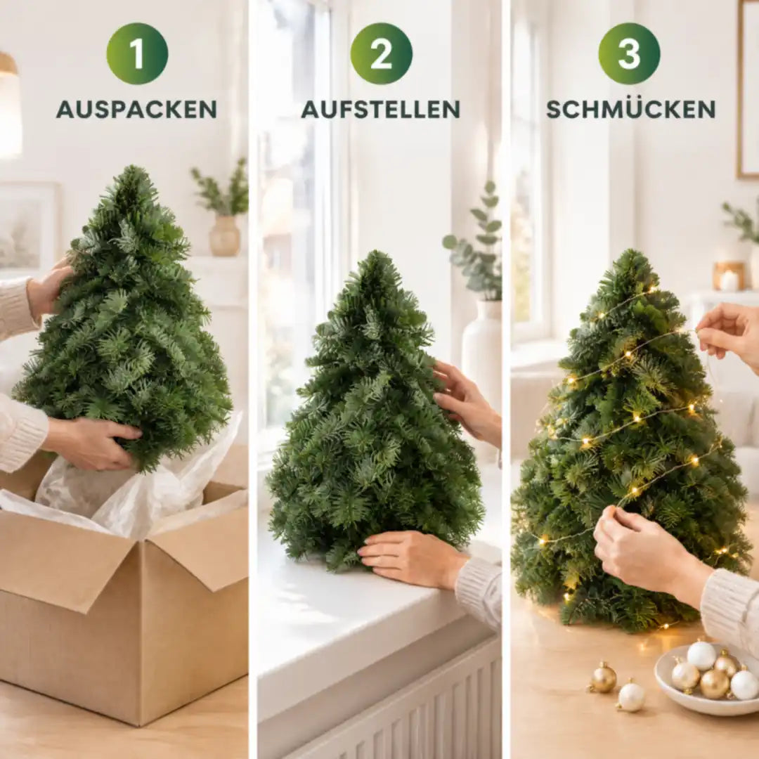 Kleinen Weihnachtsbaum auspacken, aufstellen und schmücken in drei Schritten