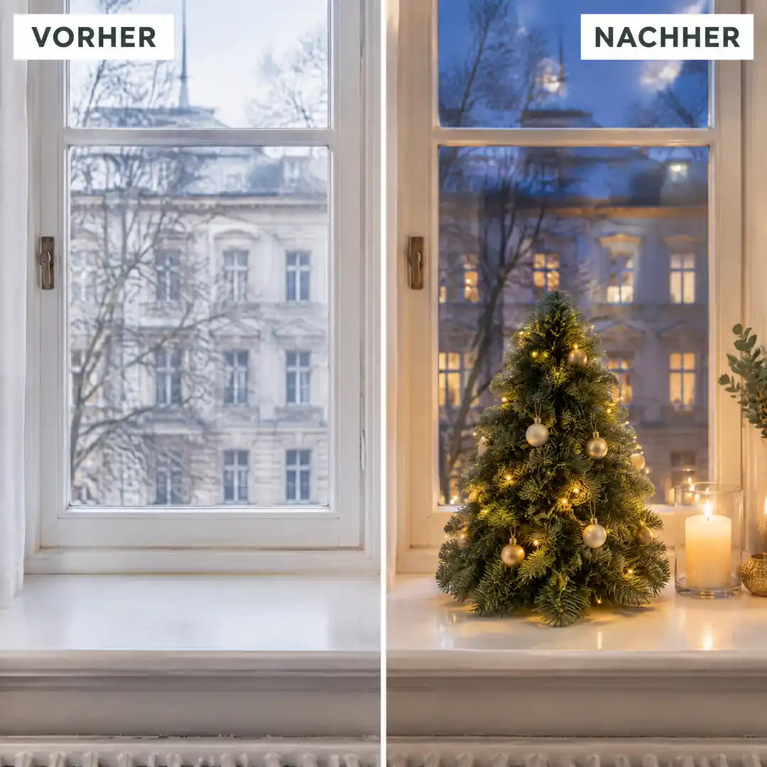 Fensterbank vorher ohne und nachher mit geschmücktem Nobilis-Bäumchen