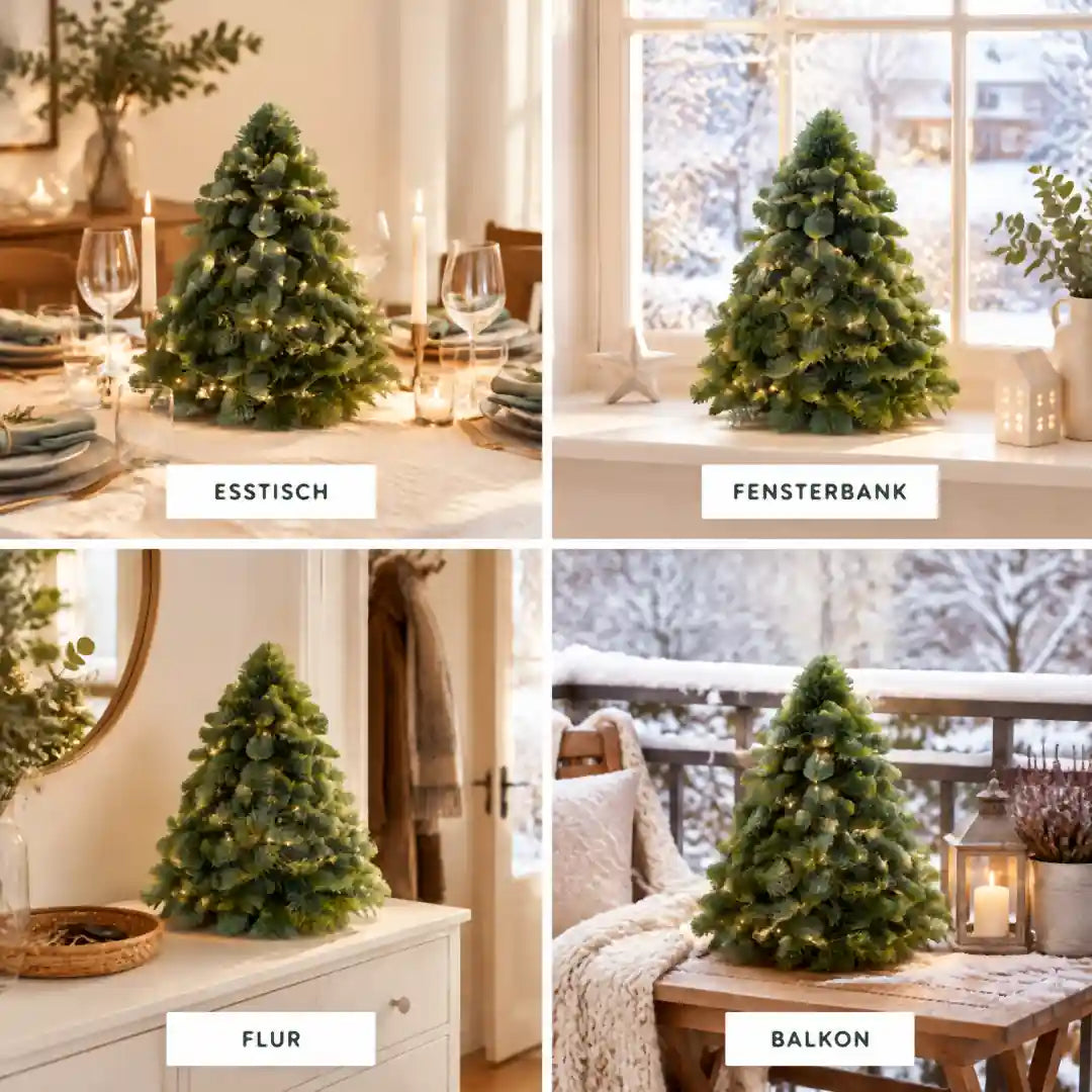 Nobilis-Weihnachtsbaum auf Esstisch, Fensterbank, im Flur und auf dem Balkon