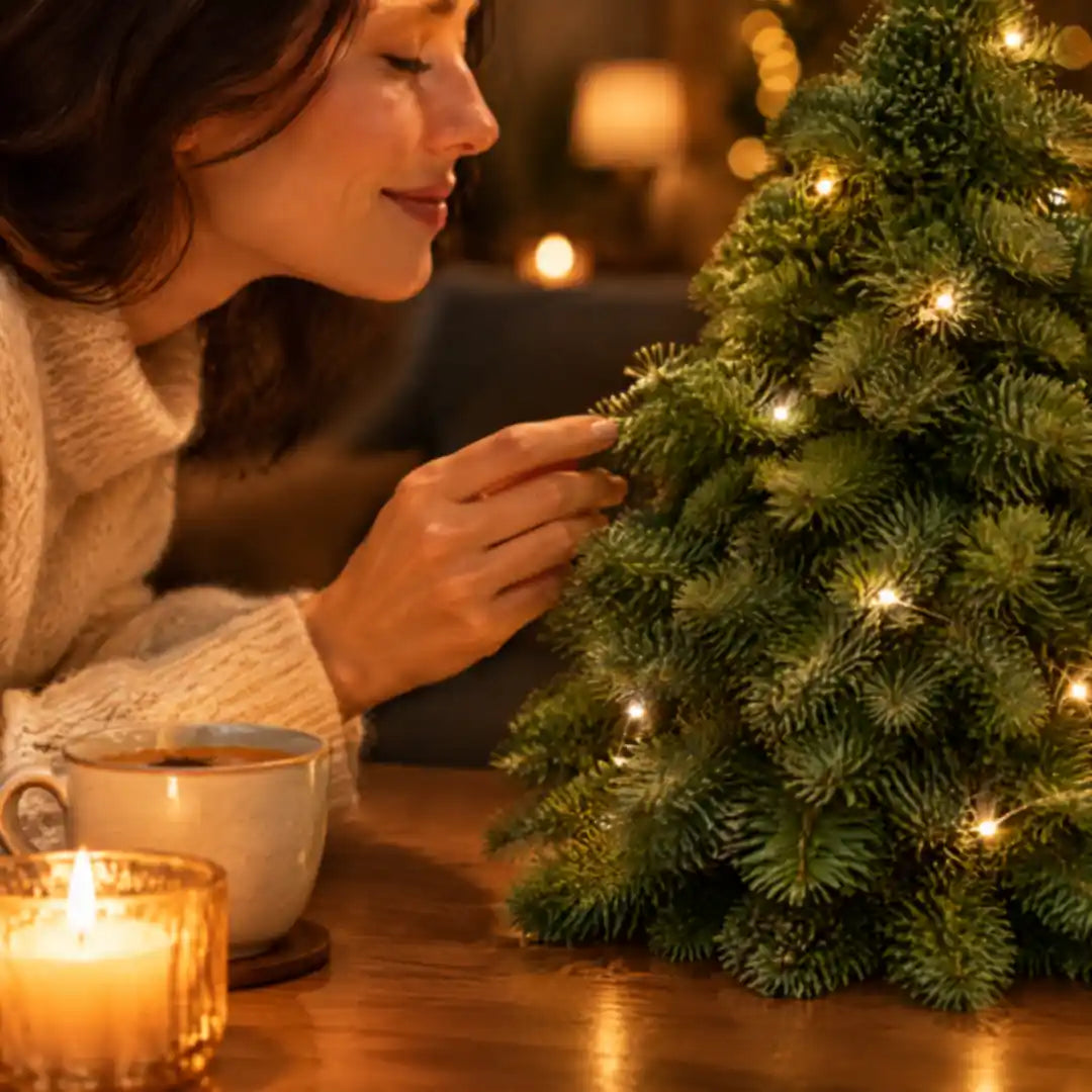 Frau riecht an einem kleinen Nobilis-Weihnachtsbaum mit Lichterkette