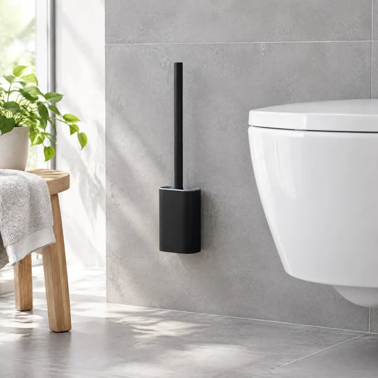 Schwarze Klobürste mit Halter an der Wand neben einem Hänge-WC
