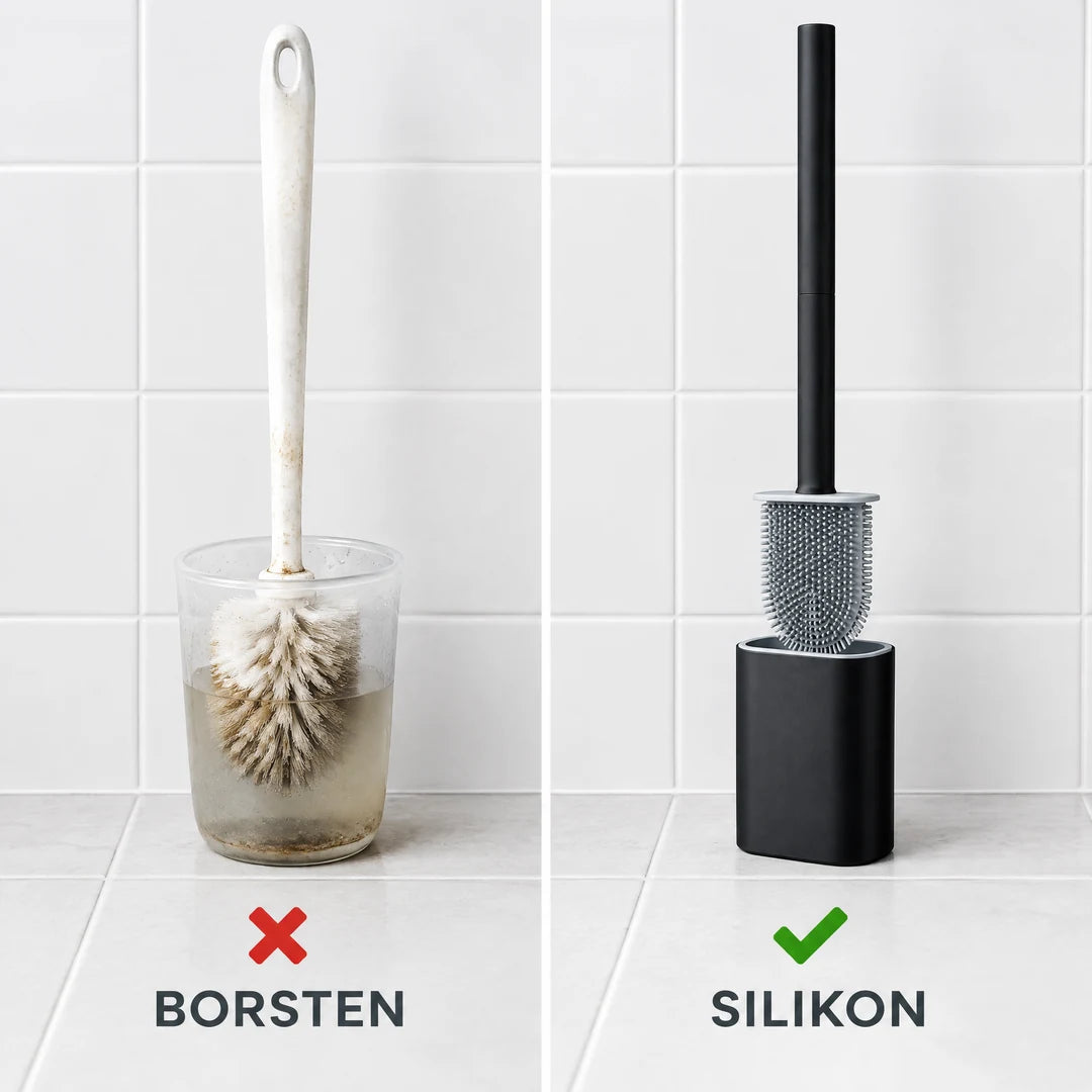Vergleich einer alten Borstenbürste mit der Silikon-Klobürste