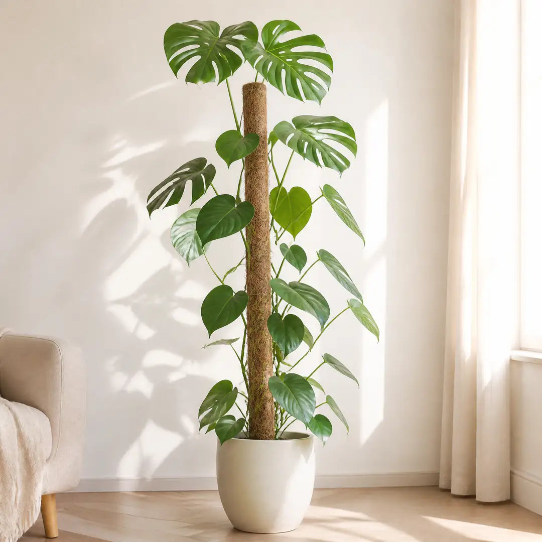 Hohe Monstera wächst an einer Säule aus zwei gestapelten Kokosstäben empor