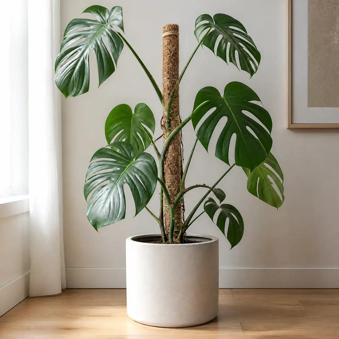 Monstera im Wohnraum wächst am Kokosstab als Rankhilfe nach oben
