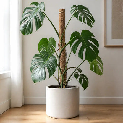 Monstera im Wohnraum wächst am Kokosstab als Rankhilfe nach oben