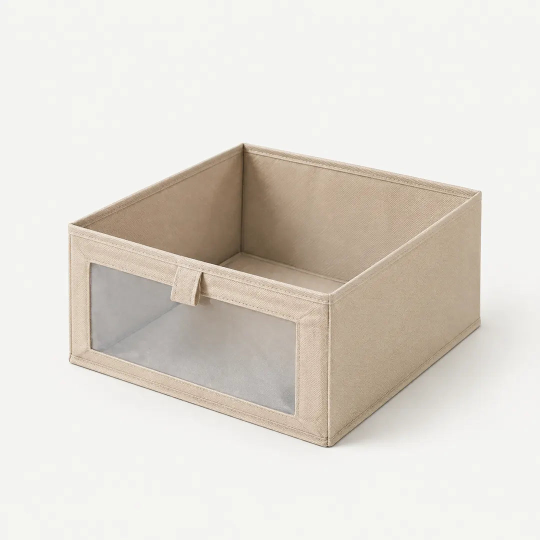 Kleiderschrank Organizer in Beige, faltbare Stoffbox mit Sichtfenster