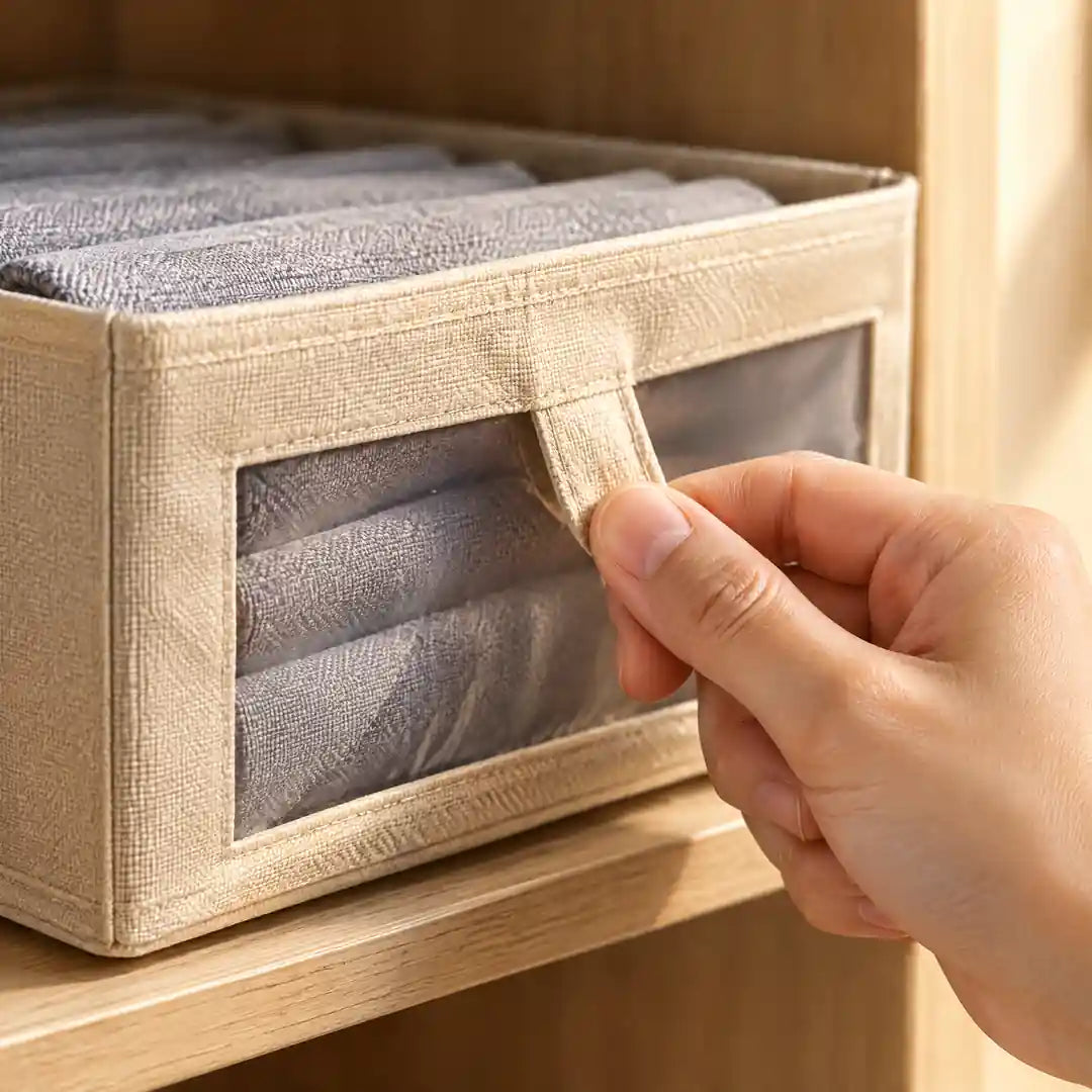 Hand zieht die Box an der Grifflasche aus dem Schrankfach