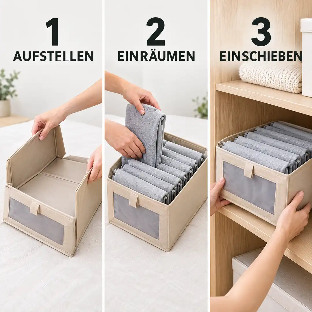 Anwendung in drei Schritten: Aufstellen, Einräumen, Einschieben