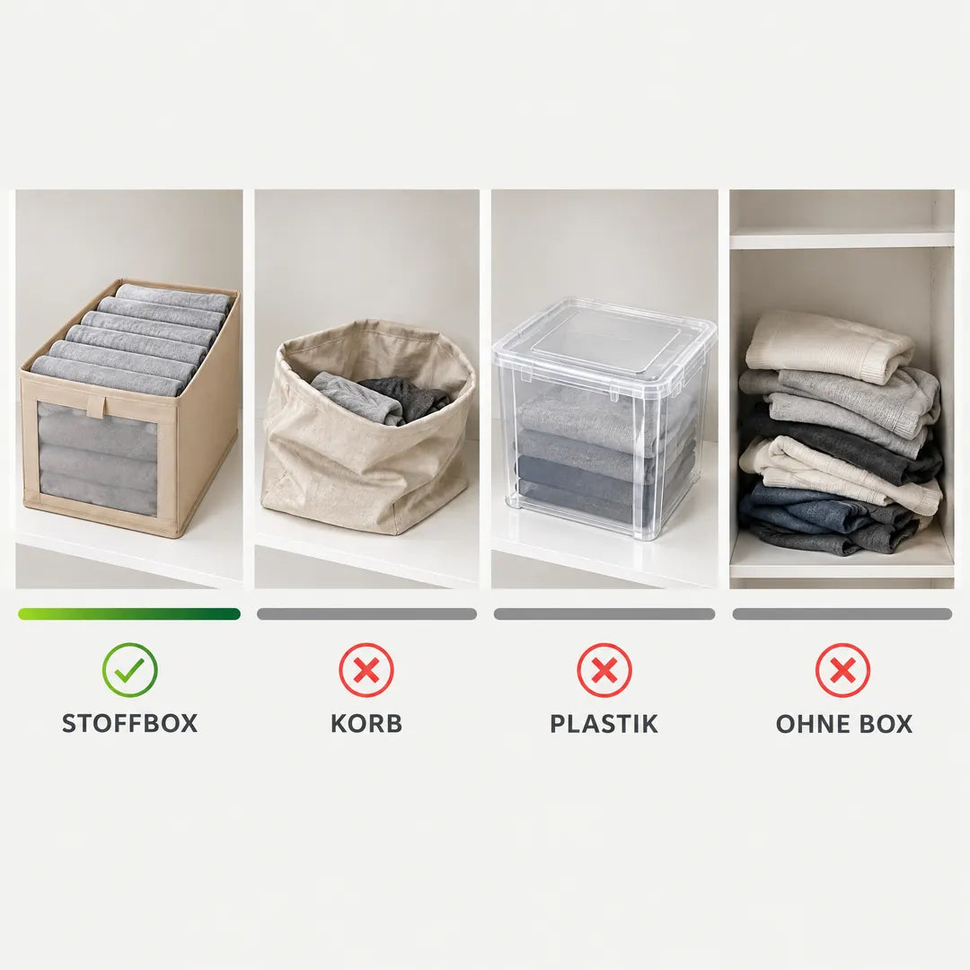 Vergleich Stoffbox mit Korb, Plastikbox und offenem Fach