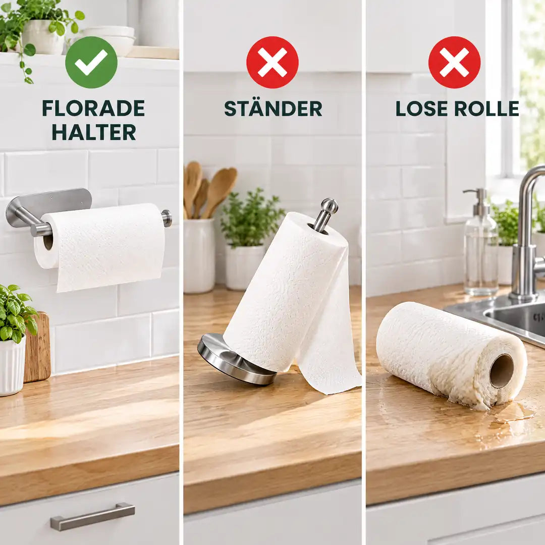 Vergleich: Wandhalter, Rollenständer und lose Küchenrolle